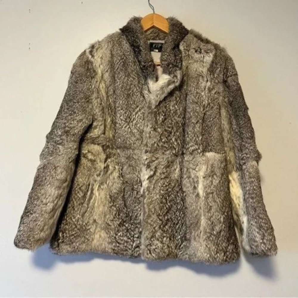 Vintage 100% Rabbit fur jacket in grey white mix hook front closure large Size